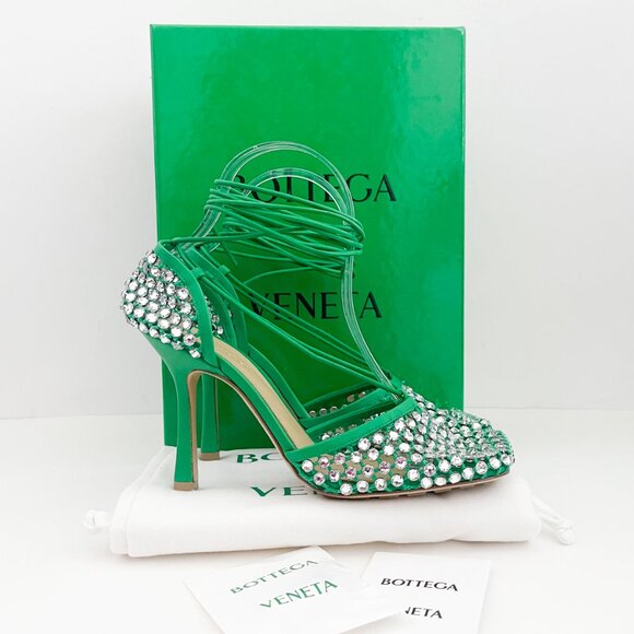Bottega Veneta Sparkle Stretch Lace-Up Sandal Mesh Crystals Parakeet Green - Picture 2 of 16